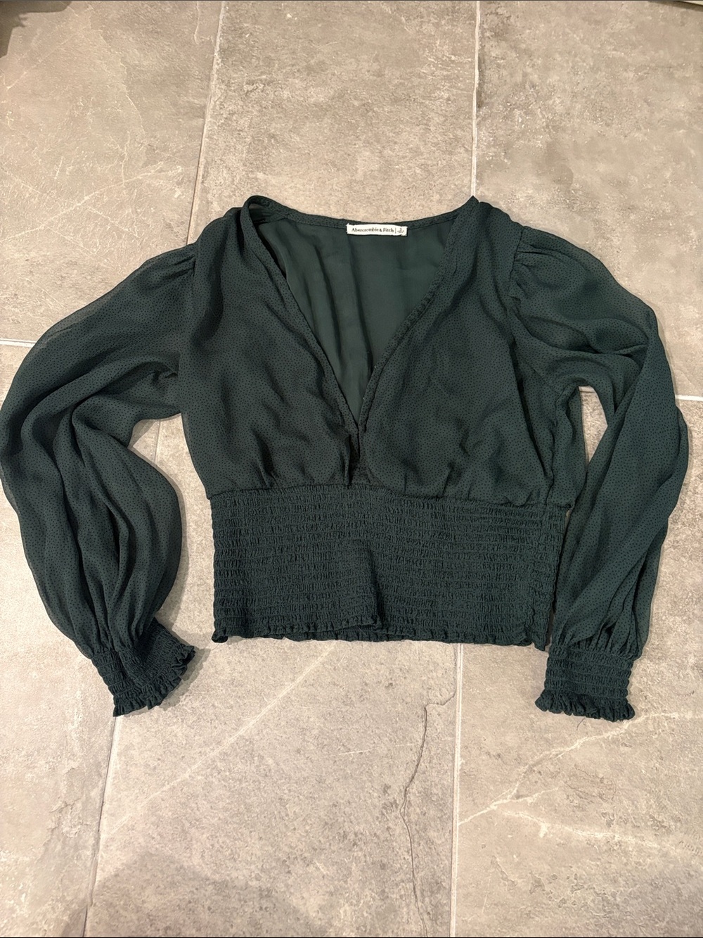 Abercrombie & Fitch Dark Green V-Neck Smocked Waist Blouse